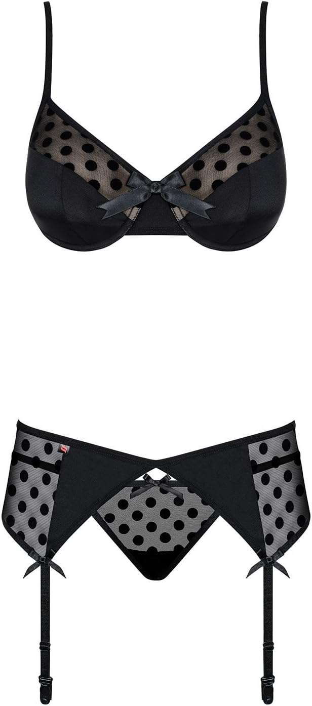 Obsessive Damen Dessous-Set mit BH, Strapsgürtel und sexy Slip in Geschenk-Box, Schwarz-gepunktet, S