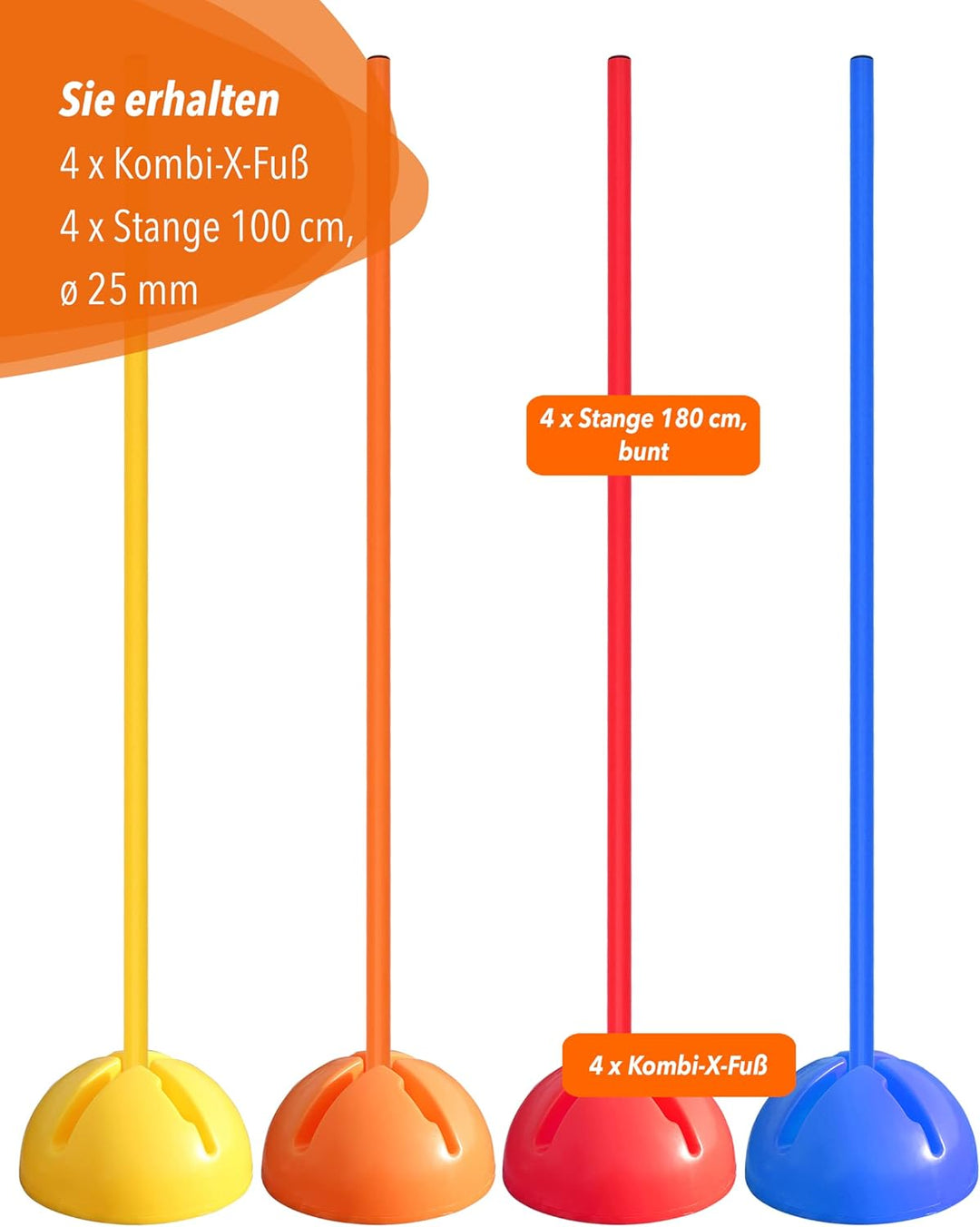 Kombi-X-Standfuss aus Kunststoff & Slalomstange 100 cm – 4er Set – befüllbarer Standfuss – Stange fü