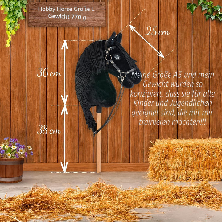 Hobby Horse Friese Schwarz A3 – Steckenpferd Komplettset mit Zaumzeug, Zügeln, Gebiss &amp; weisser Flie