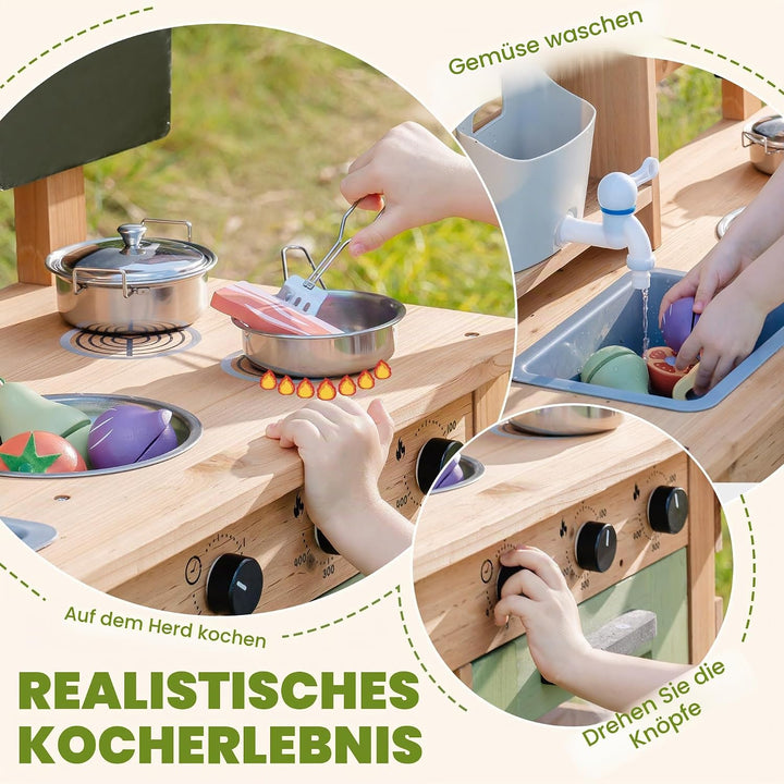 ROBOTIME Grosse Outdoor Matschküche aus Holz für Kinder, Deluxe Spielküche mit Wasserhahn, Spüle, Kr