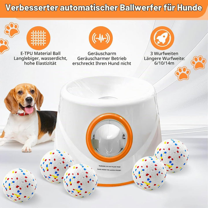 Ballwurfmaschine für Hunde, Ballmaschine Hund mit 6 E-TPU Tennisbälle, Interaktives Hundespielzeug E