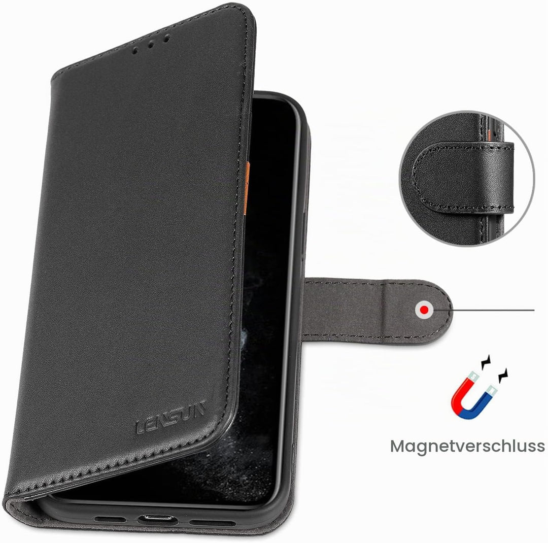 LENSUN Echtleder Hülle für iPhone 11 Pro Max, Handyhülle Flip Cover [Echtes Leder][Kartenfach][RFID
