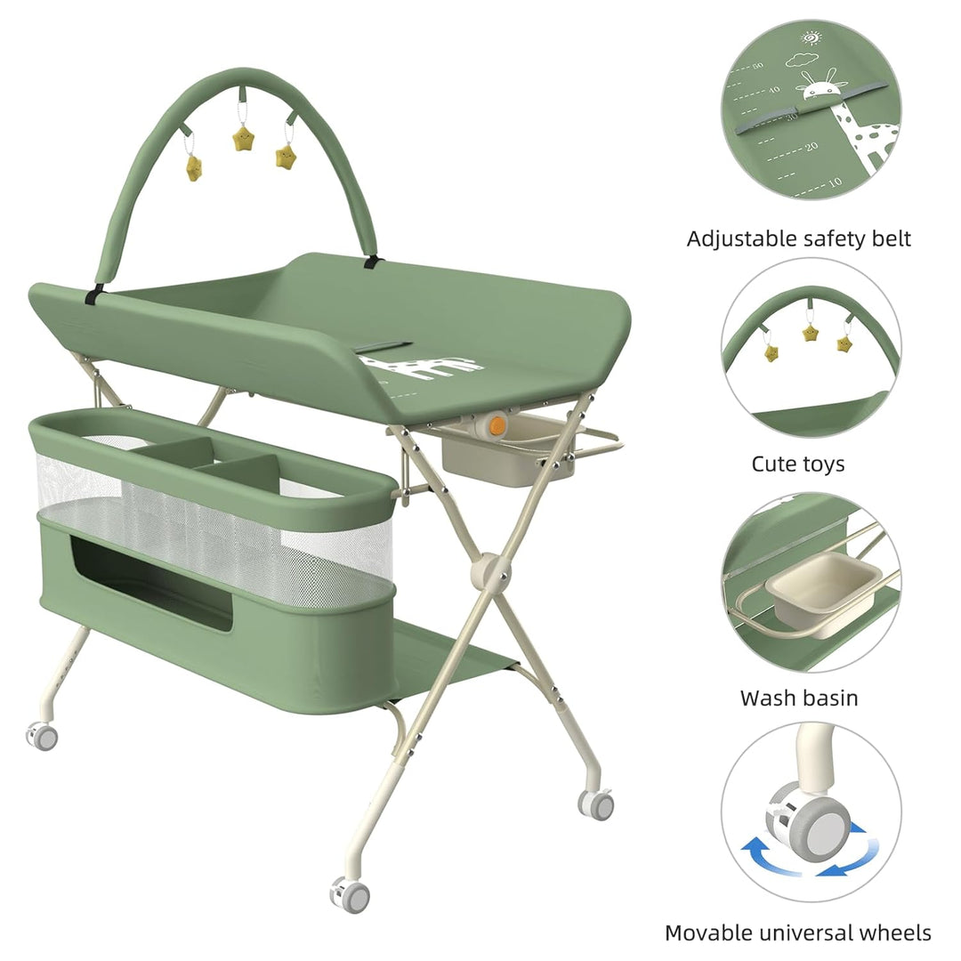 Wickeltisch Baby Pliable mit Spielbogen & Doppelter Aufbewahrung – Klappbare Wickelkommode Höhenvers