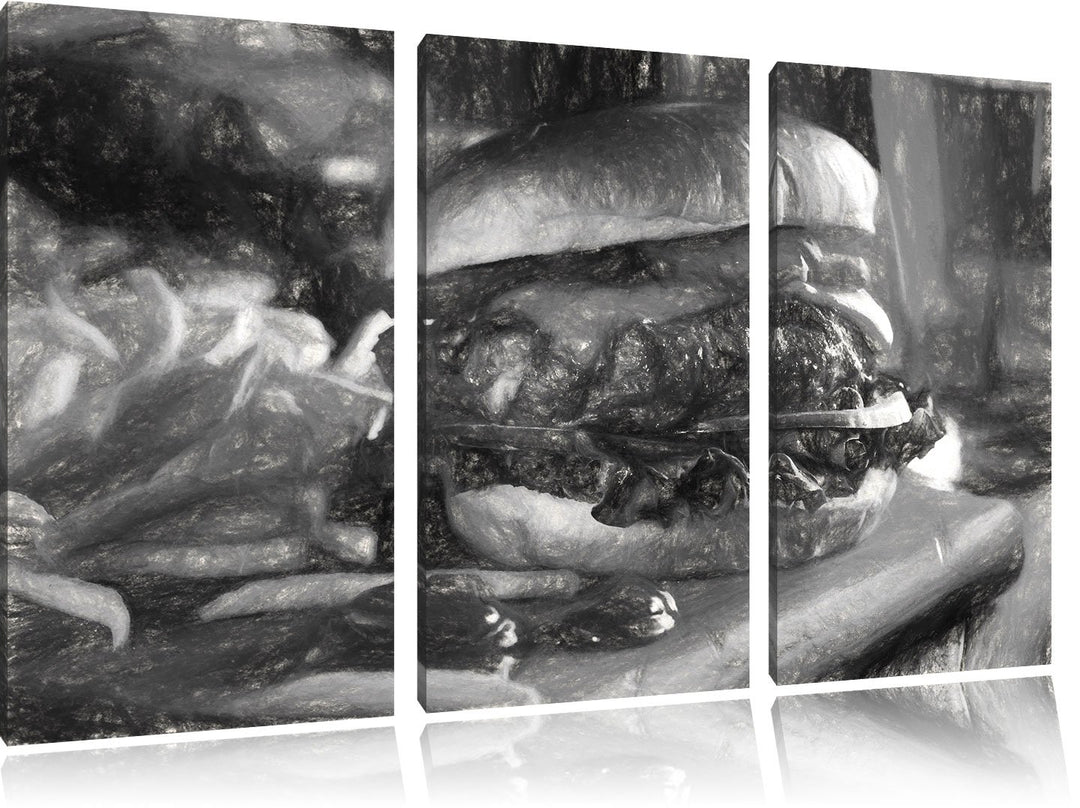 Pixxprint Saftiger Chili Cheese Burger Kohle Zeichnung Effekt 3-Teiler Leinwandbild 120x80 Bild auf
