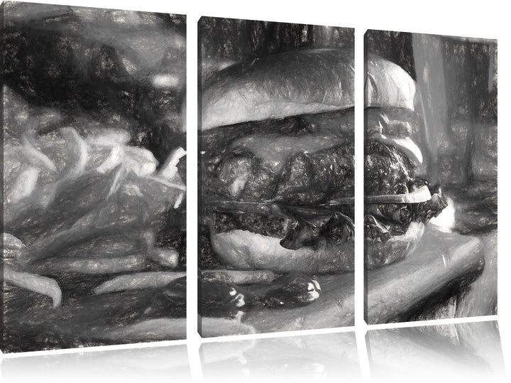 Pixxprint Saftiger Chili Cheese Burger Kohle Zeichnung Effekt 3-Teiler Leinwandbild 120x80 Bild auf