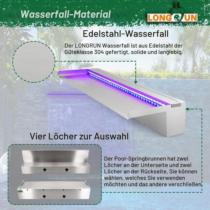 LONGRUN Edelstahl Wasserfall Überlauf, APP Kontrolle Multi-Farben LED-Licht Draussen Pool Brunnen, K