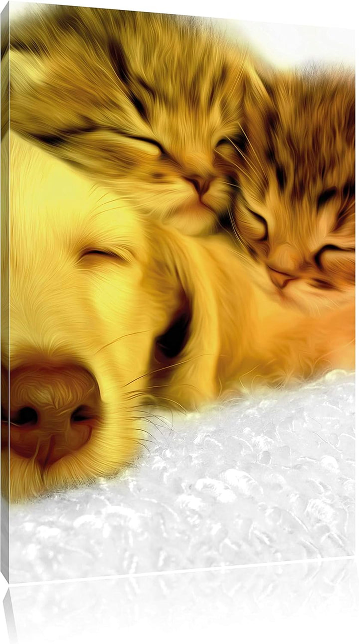 Pixxprint niedlicher Welpe kuschelt mit süssen Kätzchen, Format: 80x120 auf hochkantiges Leinwand, X