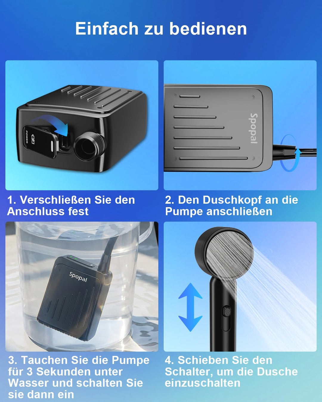 Spopal Campingdusche kompakt, IPX8 wasserdicht, tragbare Campingdusche mit Farbiger Stufenanzeige, D