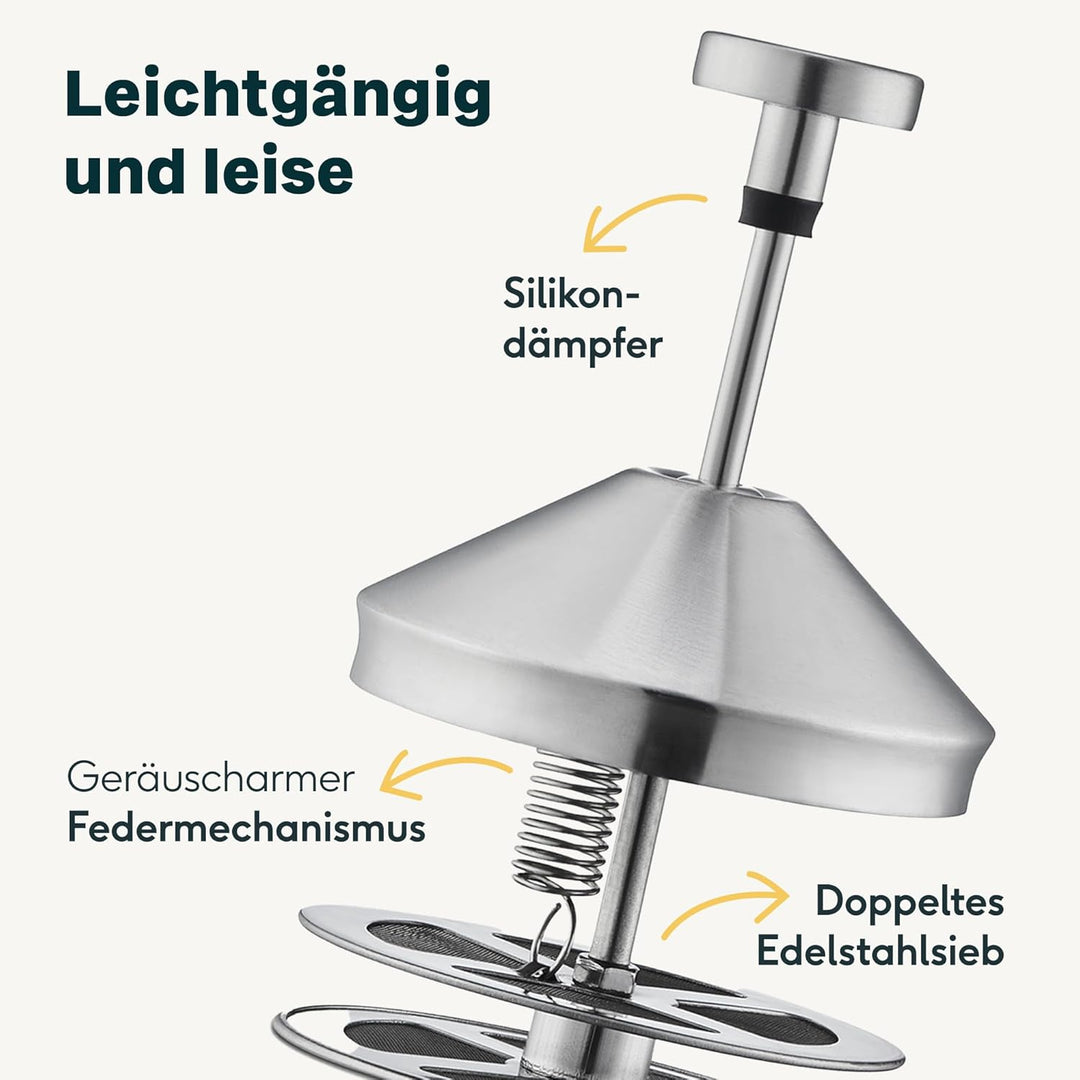SILBERTHAL Milchaufschäumer Manuell Edelstahl - 400ml - Perfekter Milchschaum dank doppeltem Sieb un