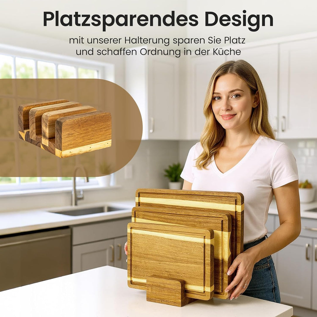Youyijia Schneidebrett Holz 3er Set aus Akazienholz mit Ständer, Schneidebretter in 3 Grössen, Küche