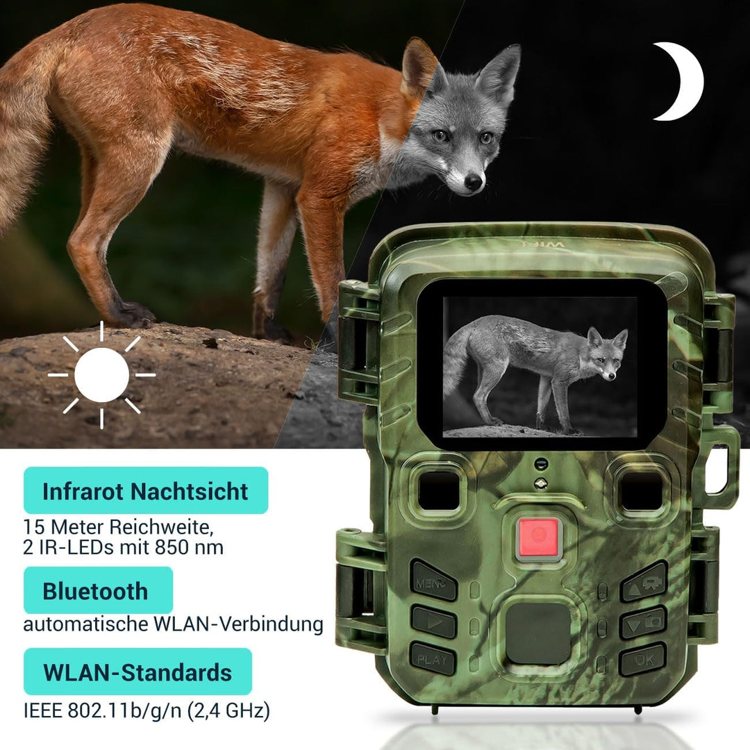 Wildkamera 2K WLAN, Bewegungsmelder, Nachtsicht, Live View per App, Farbdisplay, Mikro, Bluetooth, Z