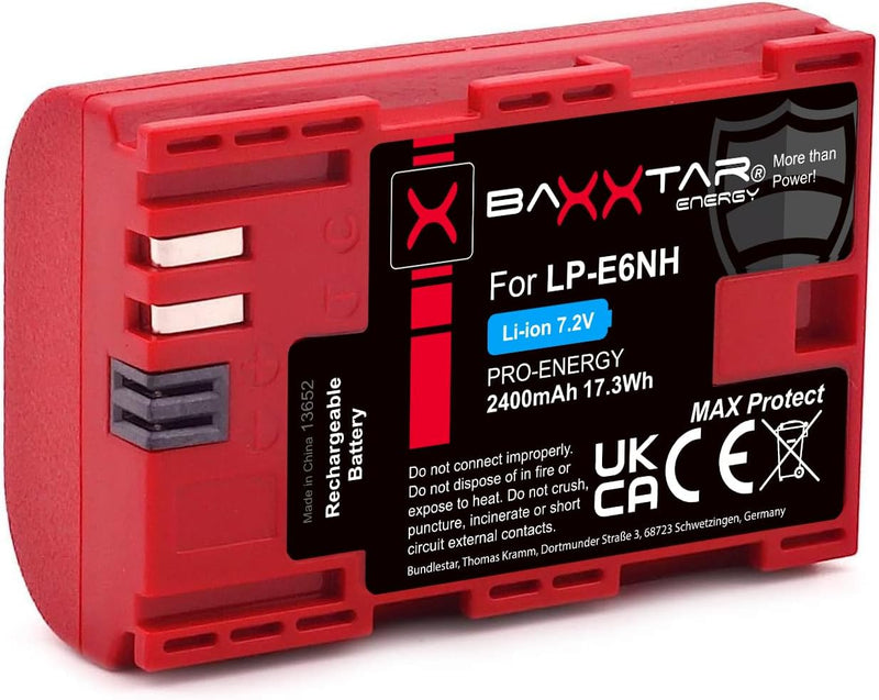 Baxxtar MaxProtect LP-E6NH Kamera-Akku (2400mAh) mit aktivem NTC-Sensor und V1 Schutzgehäuse - kompa