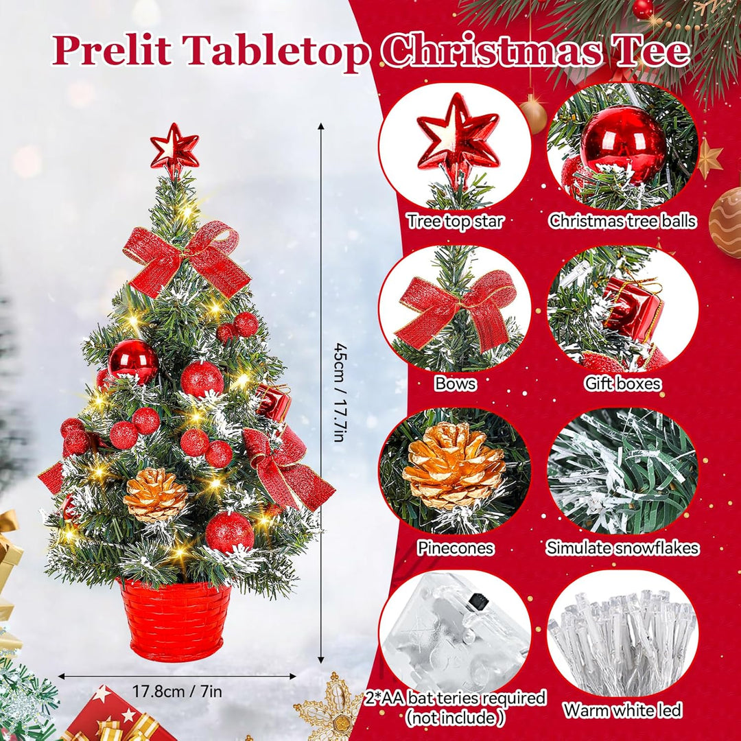 Kleiner Weihnachtsbaum mit Beleuchtung, 45CM Künstlicher Mini Weihnachtsbaum mit Stern und Deko, Ges