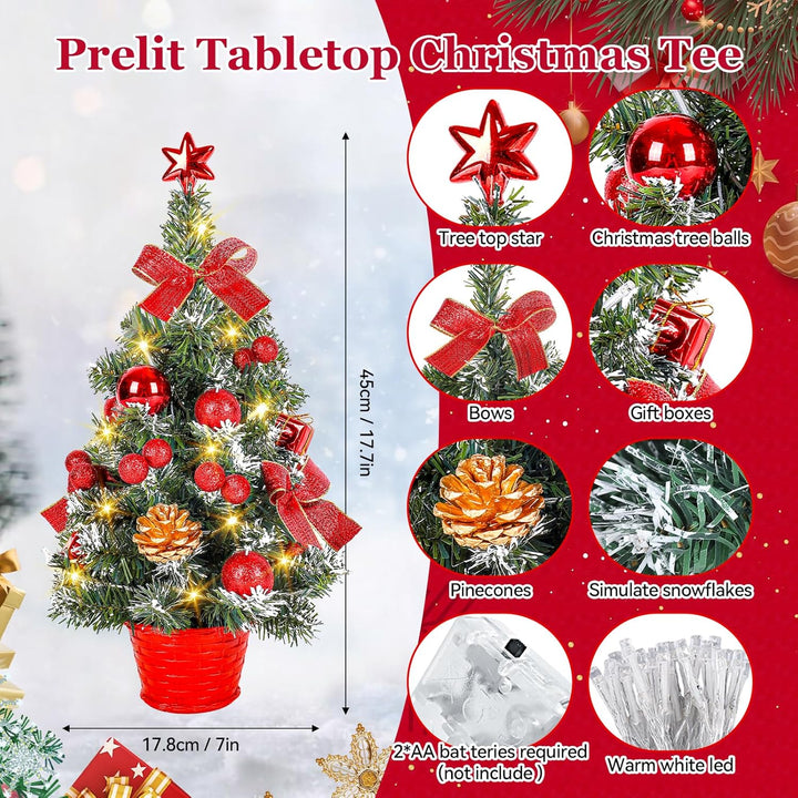 Kleiner Weihnachtsbaum mit Beleuchtung, 45CM Künstlicher Mini Weihnachtsbaum mit Stern und Deko, Ges
