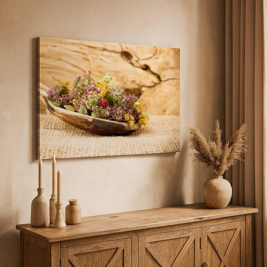 Bilder auf Leinwand 100x70cm Leinwandbild Kraut Tee Bio getrocknete Kräuter Gross Wanddeko Bild Schl