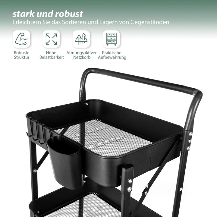 Amatic Beistellwagen 3 Etagen Küchenregal, klappbar Servierwagen mit Rollen, Metall-Stauraumwagen, K