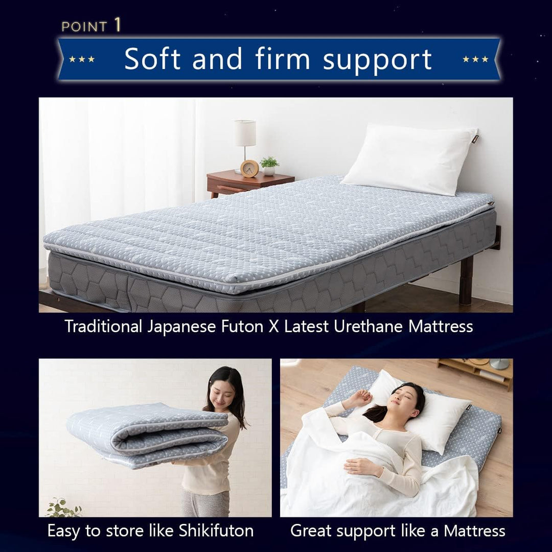 EMOOR Faltbare Hybrid-Futon-Matratze, Hoch-Resilien-Urethan, 150 N (Mittelfest), Mit Waschbarem, Gep