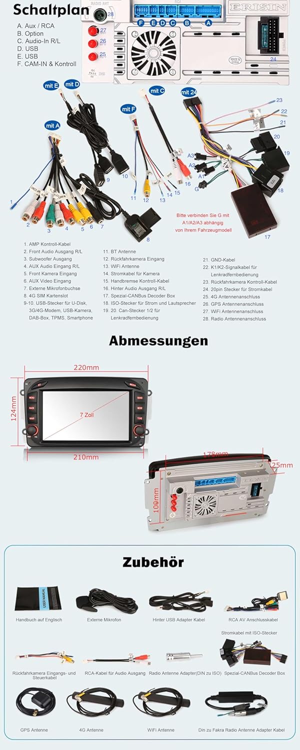 Erisin 7 Zoll 8-Kern 8GB+128GB Android 14 Autoradio Bluetooth GPS Navigation für Mercedes A/C/G Klas