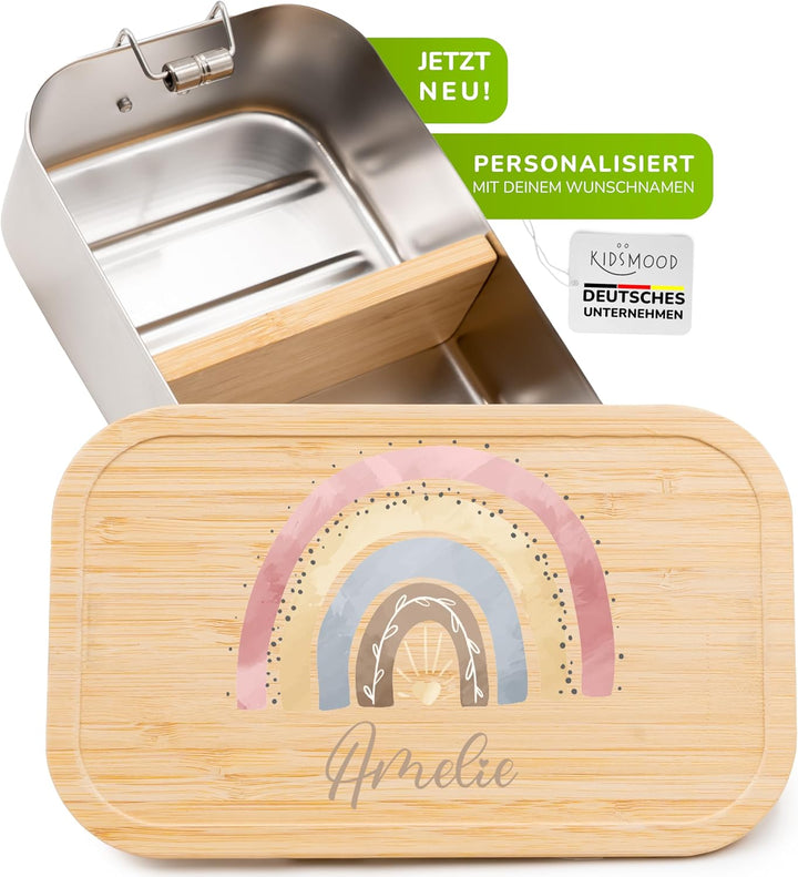 Kidsmood - Personalisierte Brotdose Kinder mit Fächern – Edelstahl Snackbox mit Fächern für Schule &