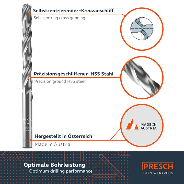 Presch Metallbohrer Set HSS Pro 19-tlg - Präzisionsgeschliffenes, gehärtetes Profi Stahlbohrer Set f