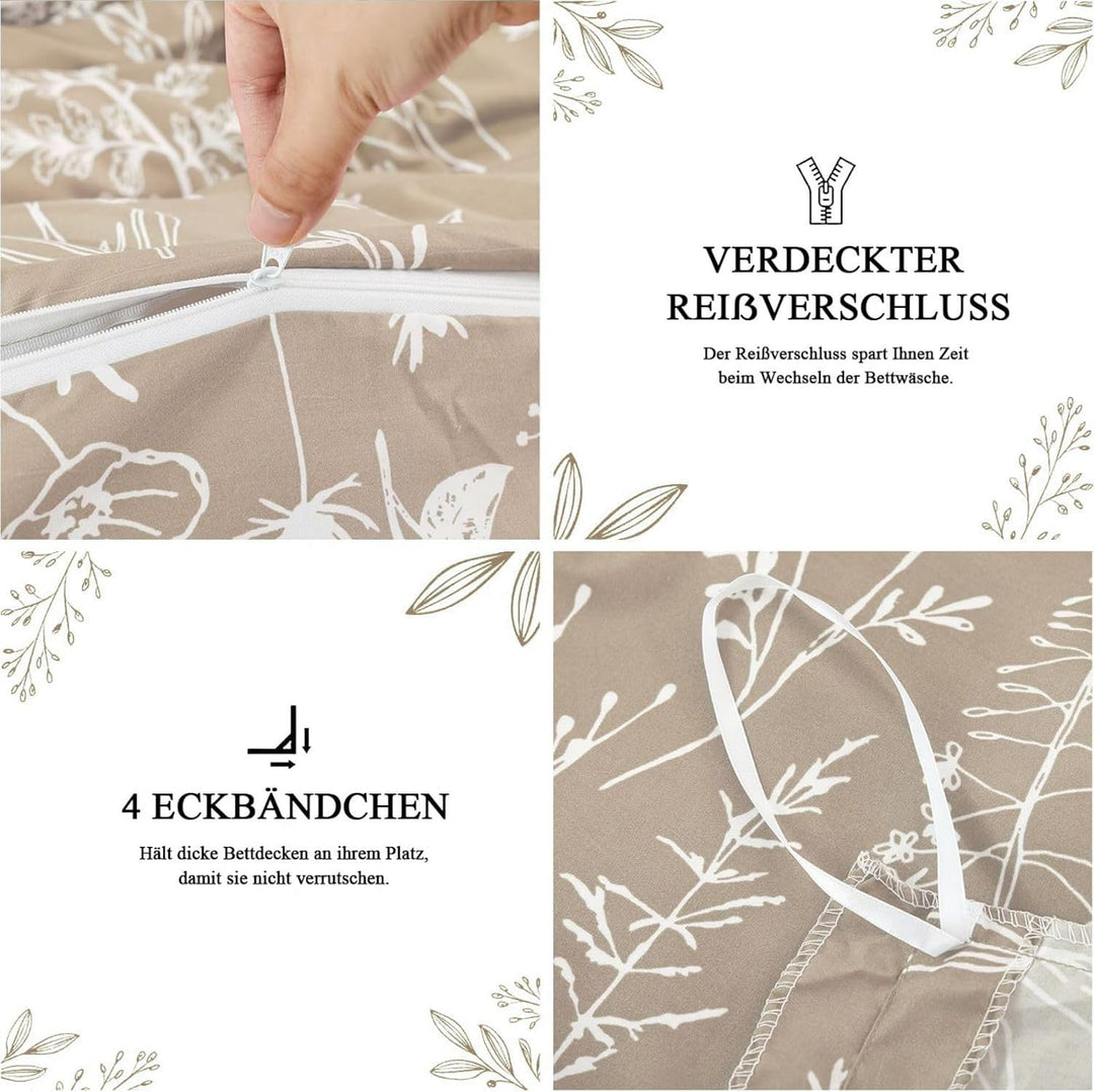 Tospass Bettwäsche 135x200 cm Blumen Blätter Pflanzen Muster Khaki Beige Beige Bettwäsche Set Floral