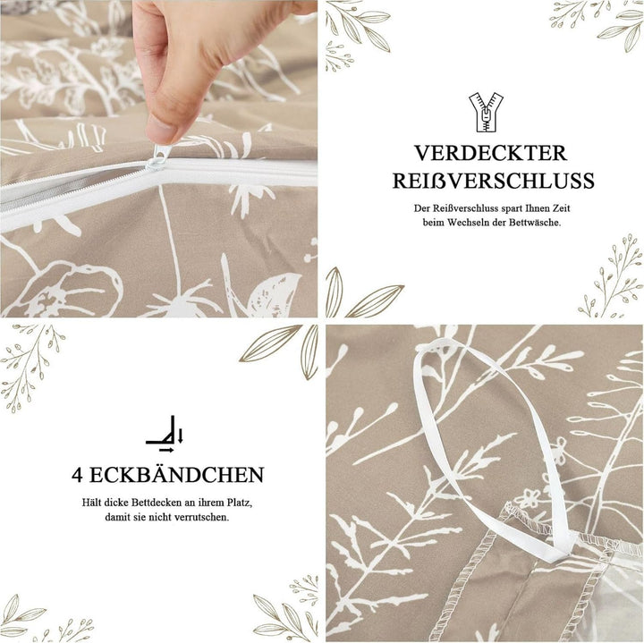Tospass Bettwäsche 135x200 cm Blumen Blätter Pflanzen Muster Khaki Beige Beige Bettwäsche Set Floral