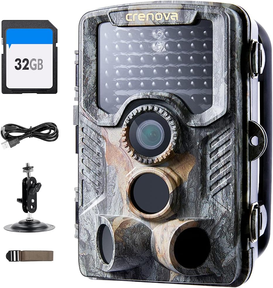 Crenova Wildkamera 4K 32MP mit 32GB microSD 940nm IR LEDs Bluetooth Bewegungsmelder Nachtsicht Spiel