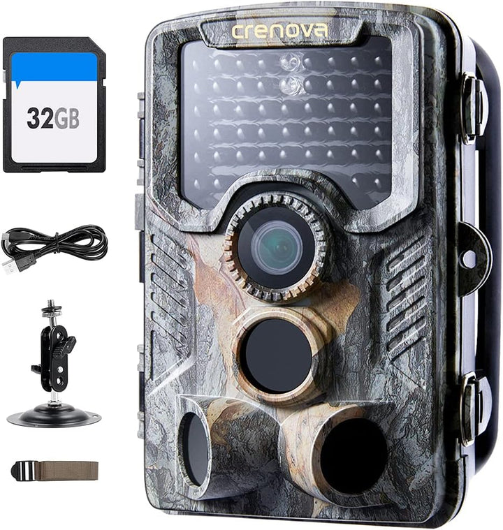 Crenova Wildkamera 4K 32MP mit 32GB microSD 940nm IR LEDs Bluetooth Bewegungsmelder Nachtsicht Spiel