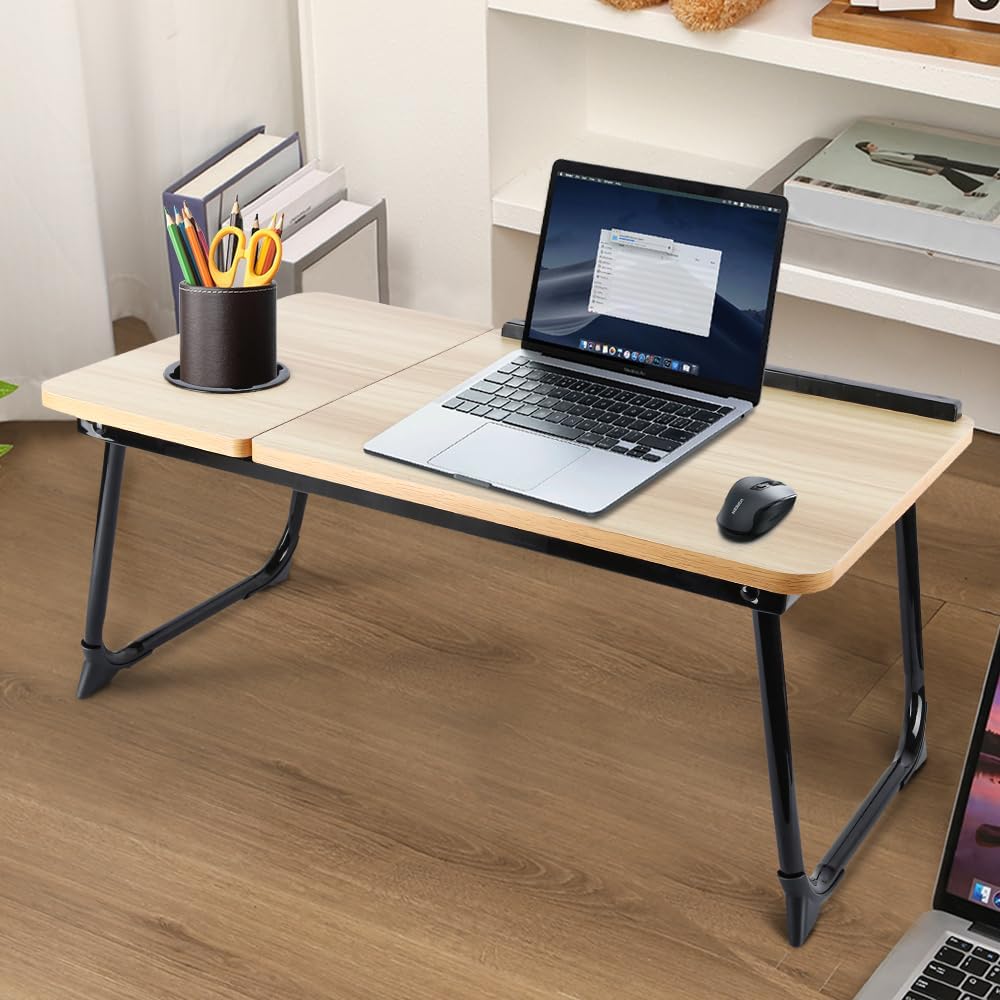 OHMG Klappbares Betttablett 56 x 33 x 24 cm – Betttisch mit Laptophalterung, Buchhalter und Becherha