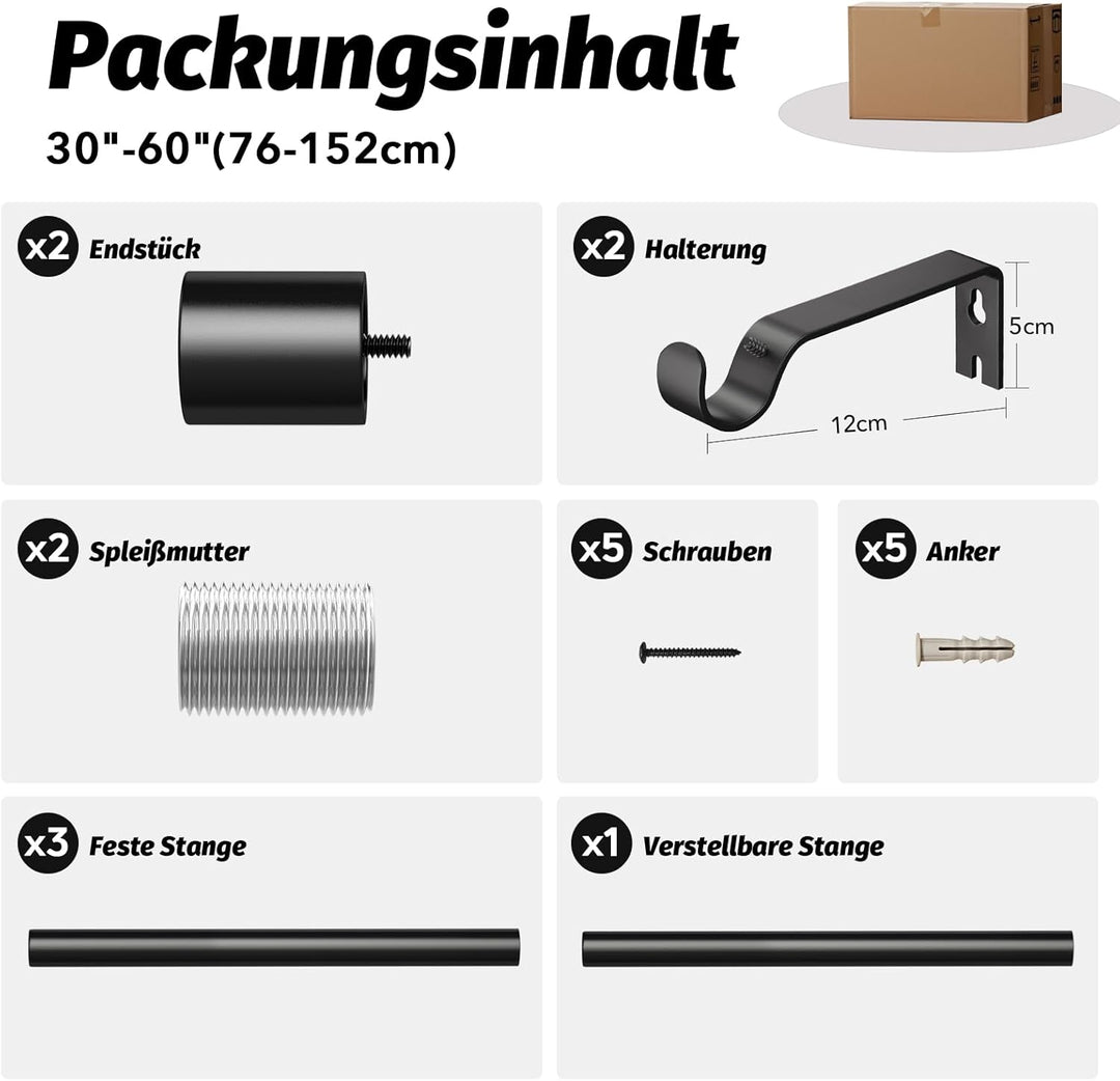 Schwarz Gardinenstange Vorhangstange Ausziehbar Curtain Rod Gardinenstangen für Fenster Outdoor (Sch