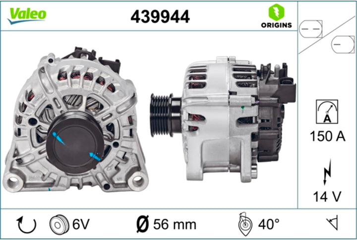 VALEO 439944 Generator Ladestrom des Generators: 150 Amp Rippen: 6 rippen Riemenscheibe Ø: 56 mm Spa