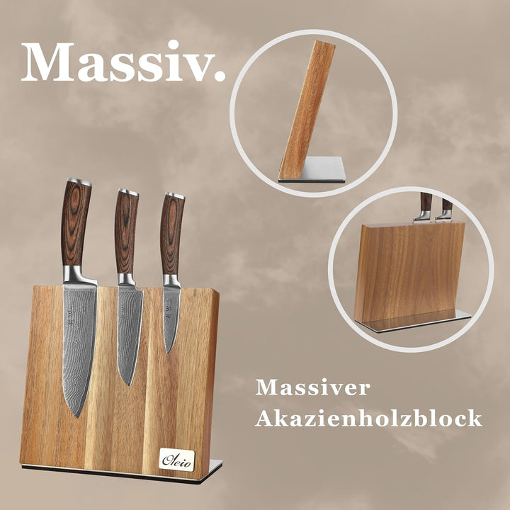 Wakoli Akazien Messerblock und 3er Damastmesser-Set mit Klingenlängen von 8,50cm bis 17,00cm extrem