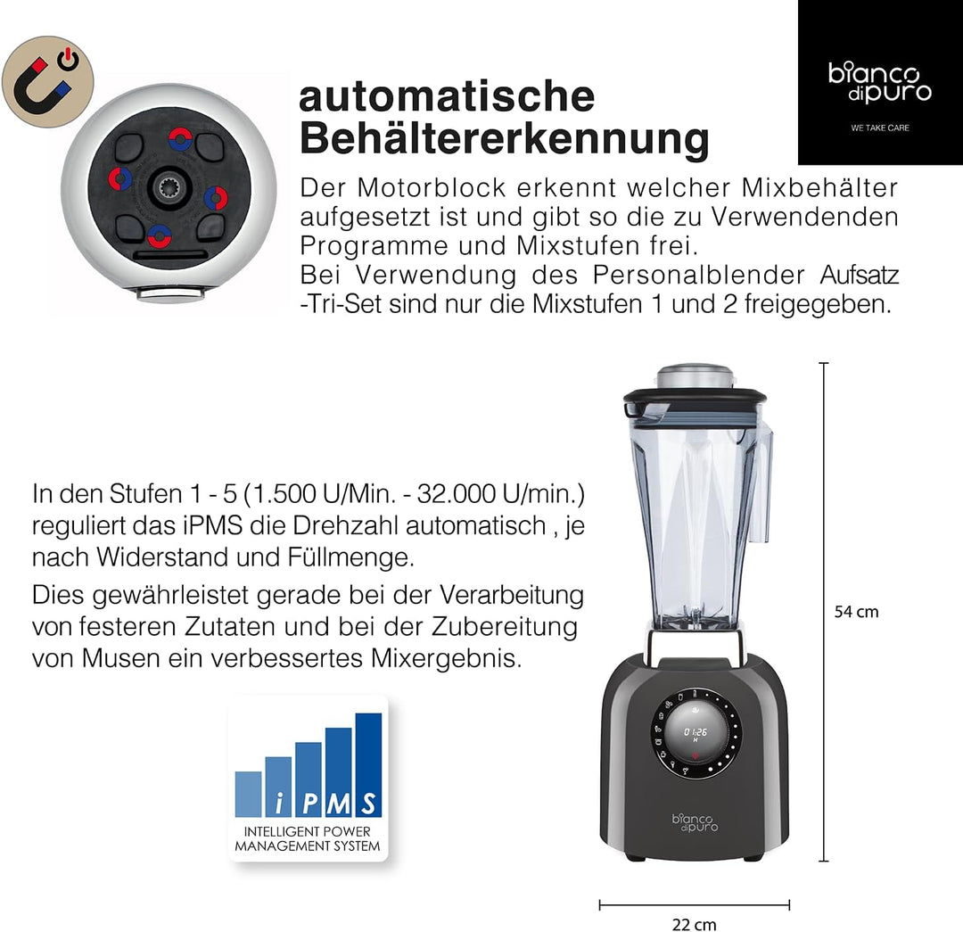 bianco di puro® Hochleistungsmixer Puro S Smoothie Maker 8 Mixprogramme 2 Liter Mixbehälter BPA-frei