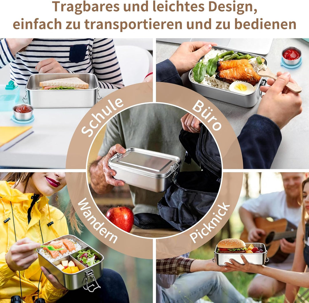 Onader Brotdose mit Fächern, 1400ML Edelstahl Bento Box mit Dressing Behälter und 1pc Abnehmbar Tren