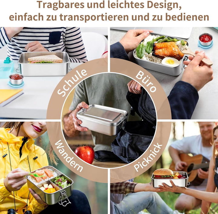 Onader Brotdose mit Fächern, 1400ML Edelstahl Bento Box mit Dressing Behälter und 1pc Abnehmbar Tren
