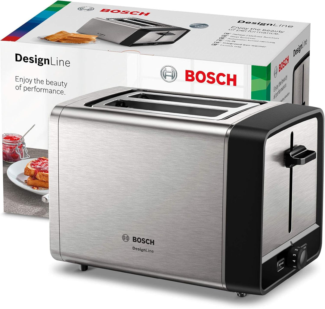 Bosch Kompakt Toaster DesignLine TAT5P420DE, Integrierter Edelstahl-Brötchenaufsatz, Mit Abschaltaut