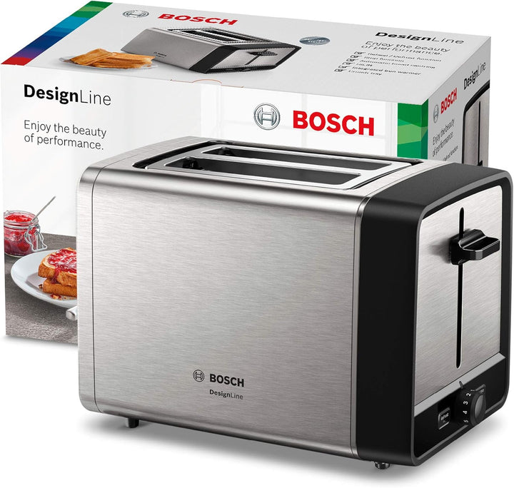 Bosch Kompakt Toaster DesignLine TAT5P420DE, Integrierter Edelstahl-Brötchenaufsatz, Mit Abschaltaut