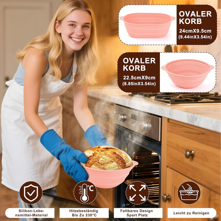 Charmofun Gärkörbchen Sauerteig Starter Set, Gärkorb Brot mit 2 Silikon Gärkorb Oval und Rund, Kompl
