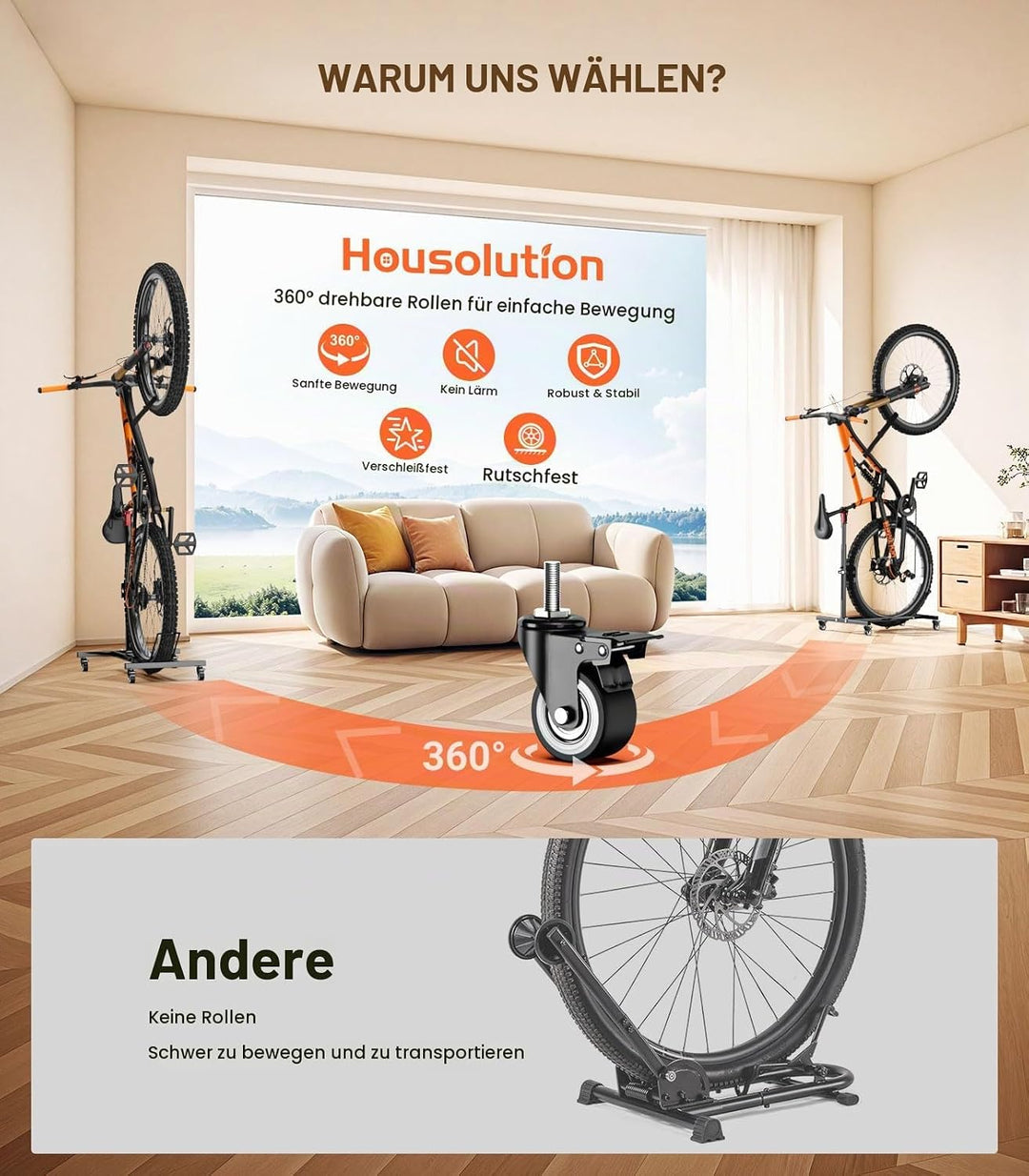 Housolution Vertikaler Fahrradständer mit Rädern, Freistehender Fahrradständer für Räder bis zu 29",