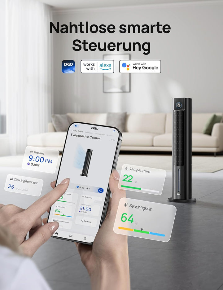 DREO Turmventilator mit Wasserkühlung, 110 cm Luftkühler mit Wasserkühlung Leise, 4-Geschwindigkeite