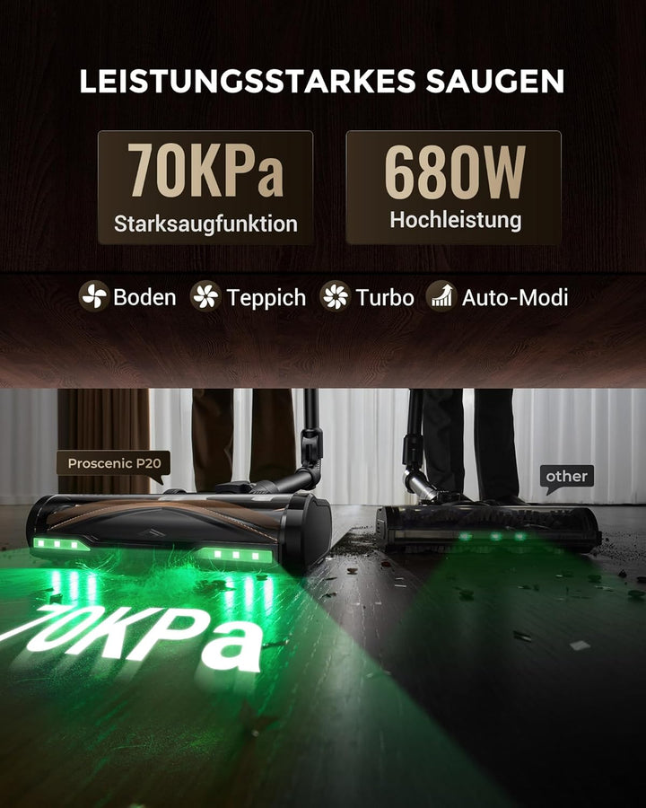 Proscenic P20 Akku Staubsauger mit Wischfunktion, 70KPa 70 Mins 680W Staubsauger Kabellos mit Selbst
