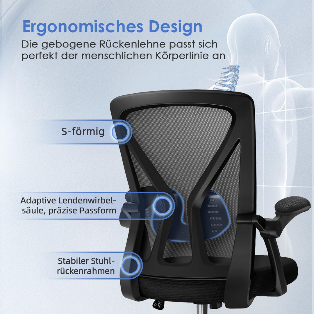 Hinonde Bürostuhl,Schreibtischstuhl mit Hochklappbare Armlehnen und Wippfunktion,Drehstuhl,Höhenvers