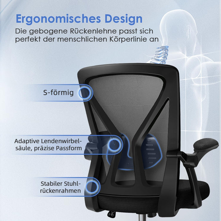 Hinonde Bürostuhl,Schreibtischstuhl mit Hochklappbare Armlehnen und Wippfunktion,Drehstuhl,Höhenvers