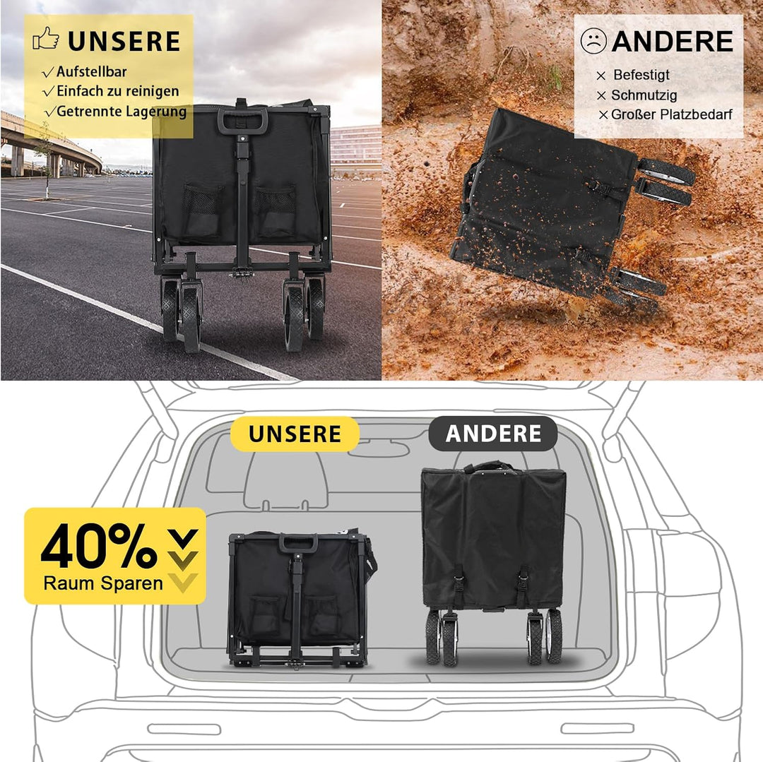 Sekey XXL Bollerwagen Faltbar mit Bremsen 160L 150KG Belastbar, Faltbarer Bollerwagen Geländetauglic