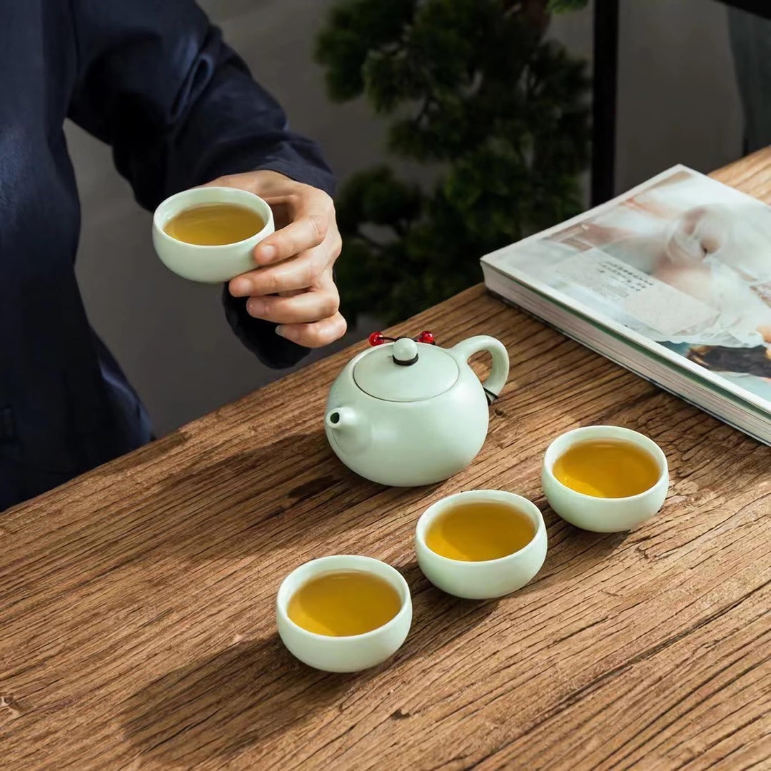 Teekanne Sets, Chinesisches Kungfu Teeservice, Keramik Teekanne mit 4 Tassen und Teedose Tablett, Al