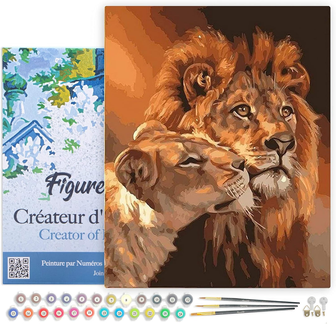Figured'Art Malen Nach Zahlen Erwachsene Mit Rahmen Löwe und Löwin Paar - Paint by Numbers Basteln D