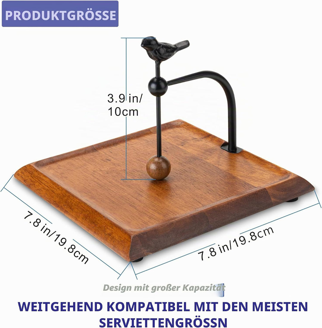 Holzserviettenhalter mit vogelartigem Griff – Eleganter flacher Serviettenhalter mit gewichtetem Arm