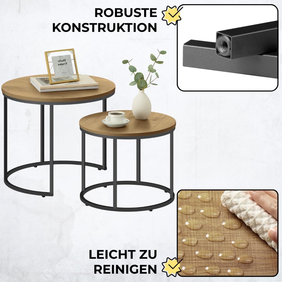 FORTENA 2er Set Couchtische, Schwarze oder goldene Metallbeine, Industrial-Stil, Raund (Eiche – Schw