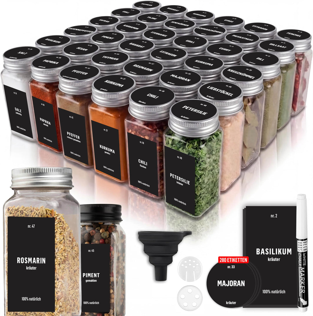 Deco haus® Gewürzgläser Eckig mit Gewürzetiketten Gewürzgläser mit Streueinsatz 36er Set - Gewürzdos