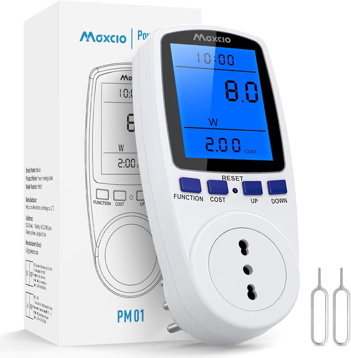 Maxcio Strommessgerät mit LCD-Display, italienischer Stecker 16 A, Hintergrundbeleuchtung, Leistungs